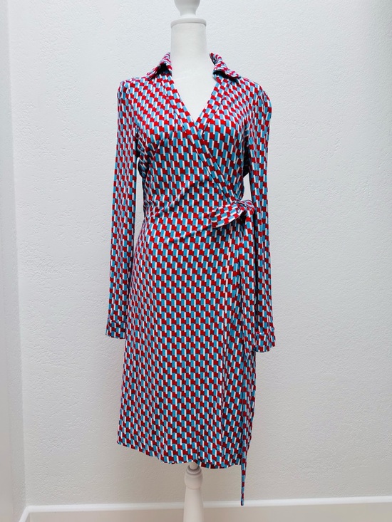 Diane Von Furstenberg Red and Blue Geometric Wrap Dress